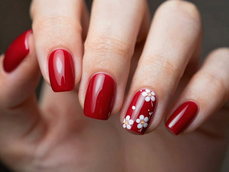 Red Spring Nails That Feel Fresh Not Heavy 13 tiny white florals on red