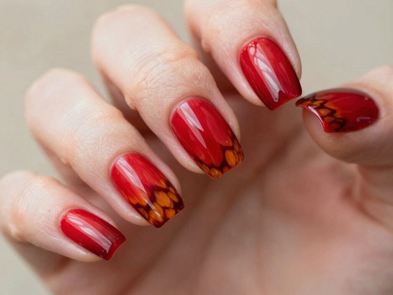Spring Nails in Red That Look Bold Yet Seasonal 18 tortoiseshell red foil accent nails