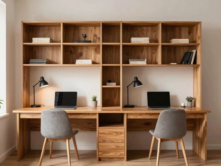 13 Small Home Office Ideas for Two That Maximize Space and Productivity 9 wall to ceiling shared shelving