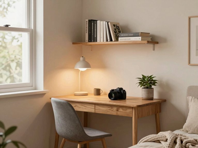 12 Small Home Office Corner Ideas That Maximize Every Inch 9 warm layered under shelf lighting