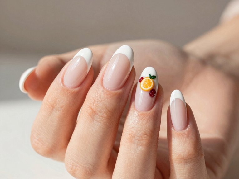White French Tip Nails That Feel Clean and Timeless 10 white micro tips with fruit