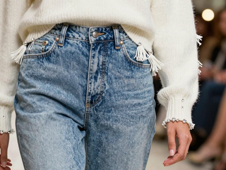 Denim and Diamonds Party Outfit Ideas That Shine 4 white tasselled sparkly sweater