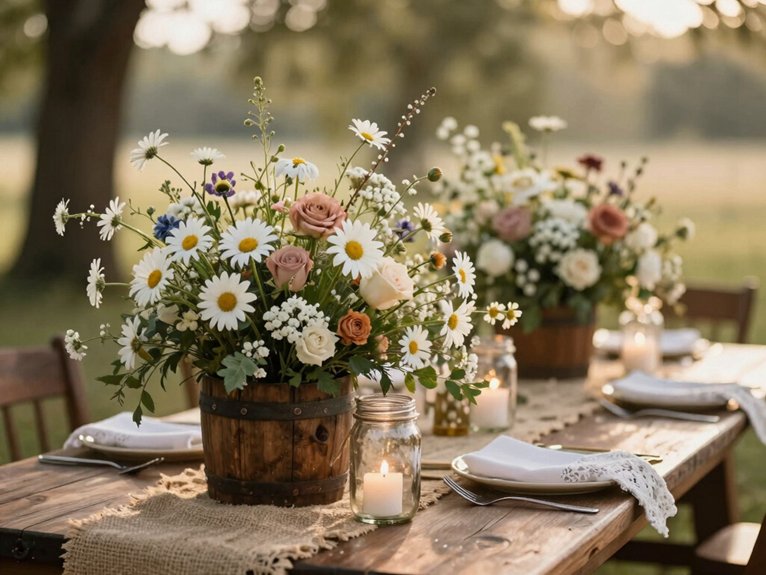 Rustic Wedding Decor Ideas That Feel Warm and Romantic 8 wildflower rustic mason jar arrangements