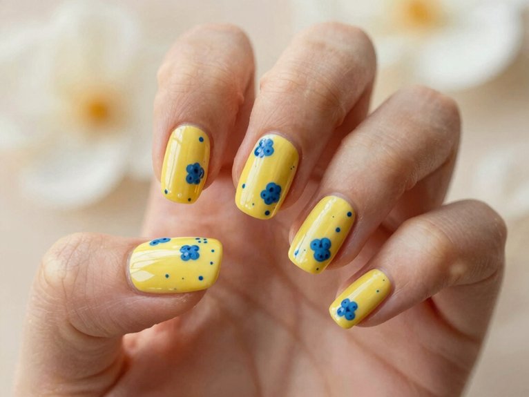 Yellow Blueberry Nails That Feel Fun and Unexpected 15 yellow base blue blueberry dots