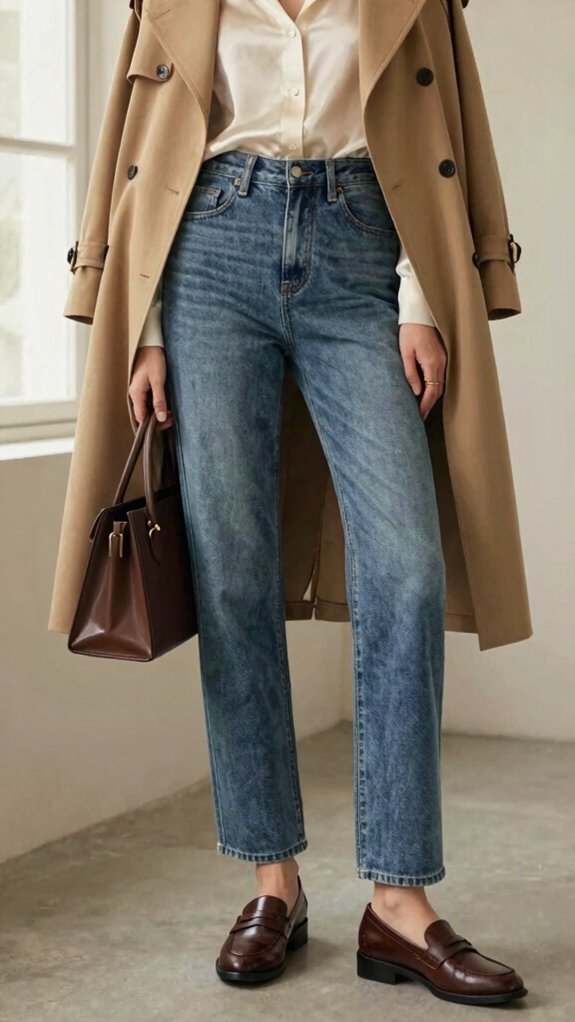 17 Outfit Ideas That Make Straight-Leg Jeans Look Expensive 7 beige trench ankle grazing jeans