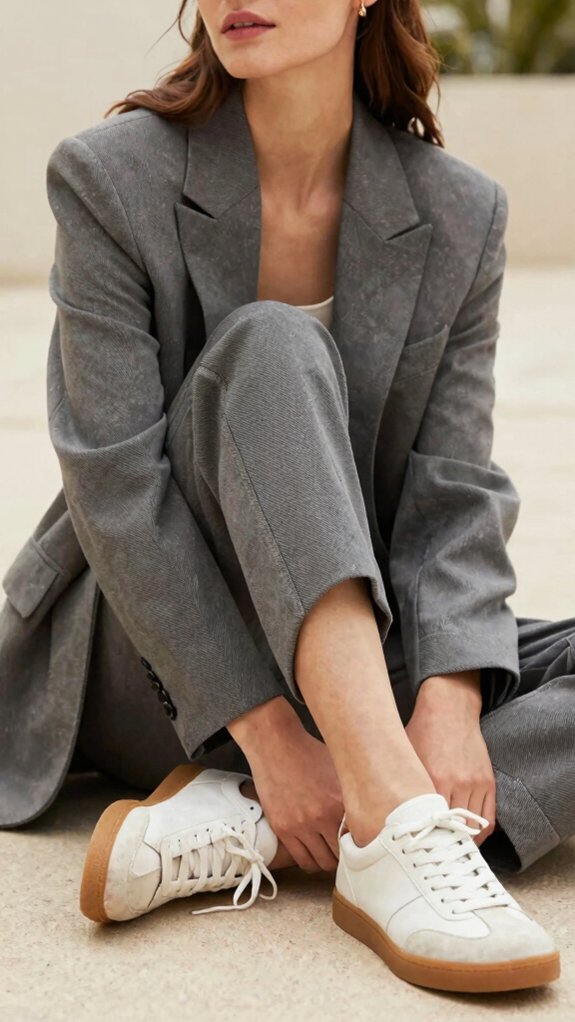 black blazer clean sneakers