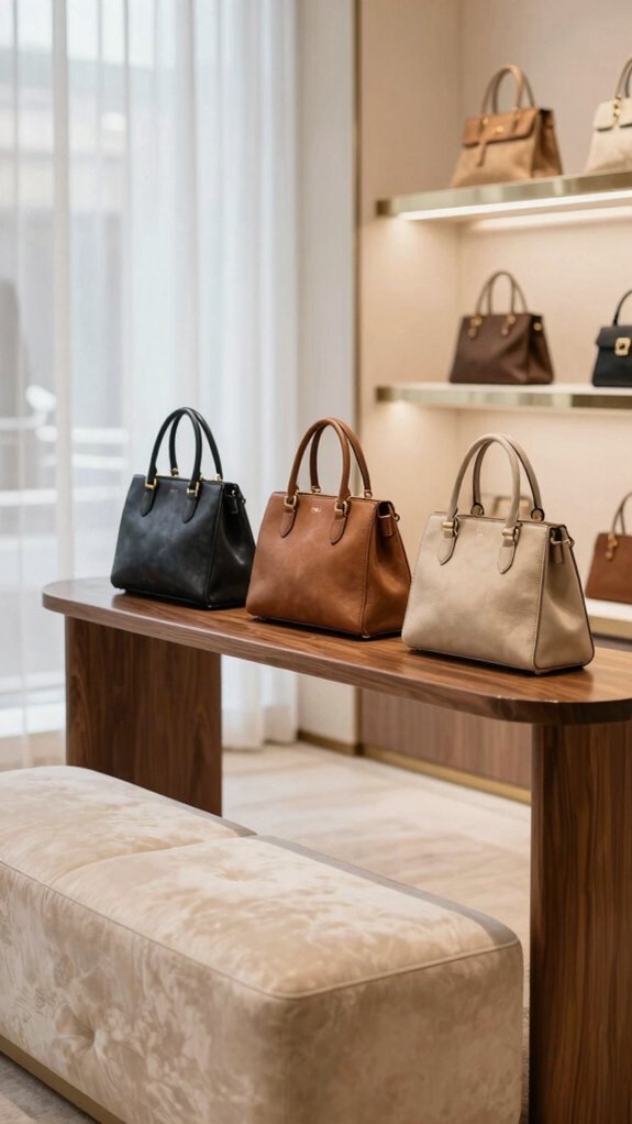 boutique brass glass handbag display