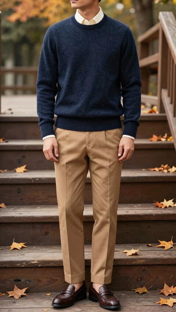 camel tan navy layering style