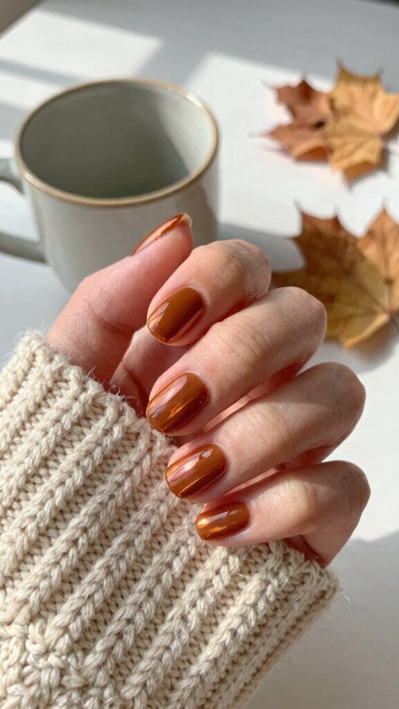 Short Fall Nail Designs That Feel Cozy, Chic, and Easy to Wear 6 caramel glazed chrome nails