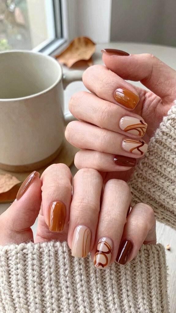 Short Fall Nail Designs That Feel Cozy, Chic, and Easy to Wear 4 cinnamon espresso swirl short nails