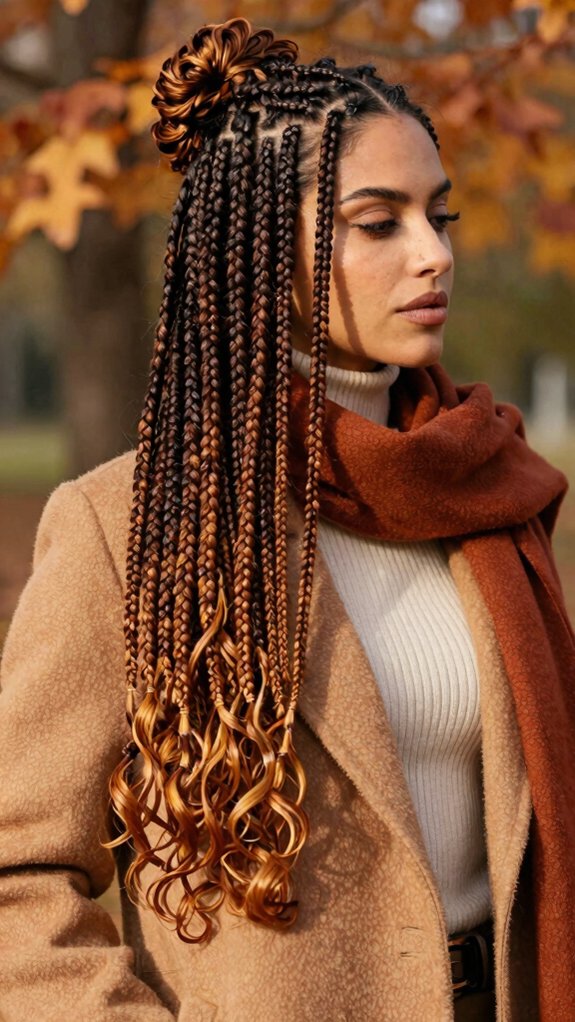 Box Braids Styles That Pair Beautifully With Fall Fashion 3 cozy brown ombr box braids