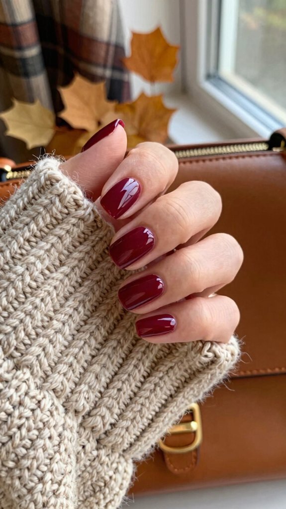 15 Short Nail Designs That Match Every Cozy Fall Outfit 2 cozy burgundy half moon tips