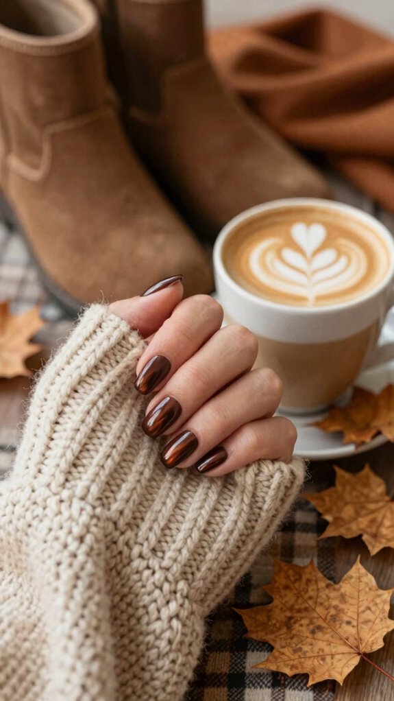 15 Short Nail Designs That Match Every Cozy Fall Outfit 1 cozy latte chocolate chrome