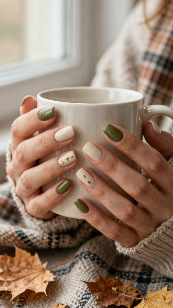 15 Short Nail Designs That Match Every Cozy Fall Outfit 7 cozy olive reverse french nails