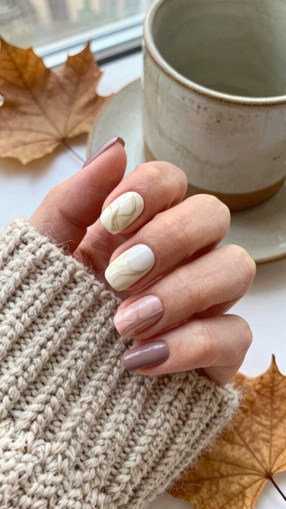 15 Short Nail Designs That Match Every Cozy Fall Outfit 11 creamy nude soft marble accents