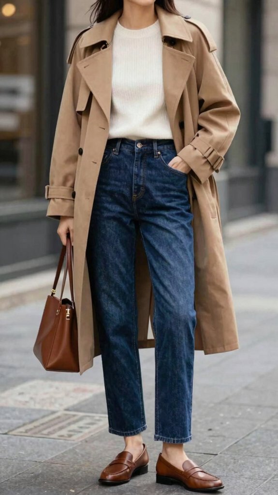 15 Jeans Outfits That Always Look Put Together 6 dark denim trench coat polish