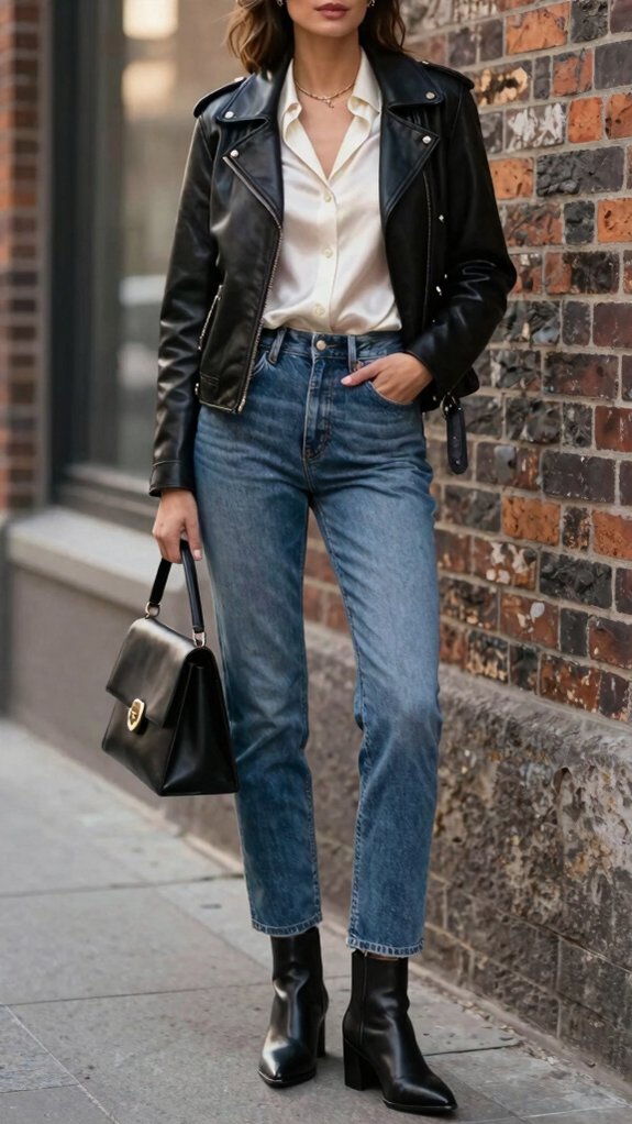 15 Jeans Outfits That Always Look Put Together 12 dark leather jacket layering
