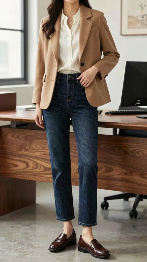 15 Jeans Outfits That Always Look Put Together 13 dark wash clean denim tailored