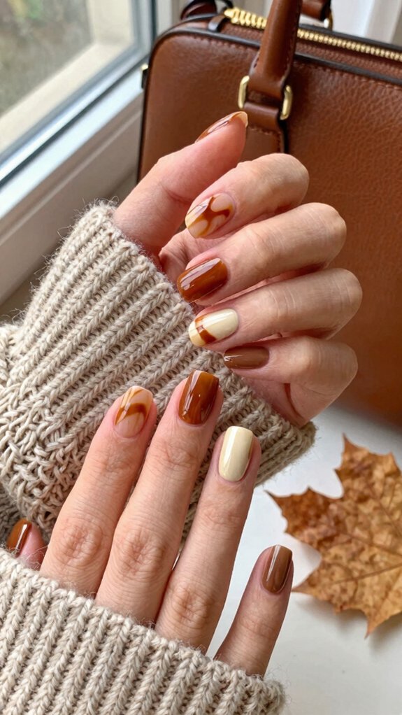 15 Short Nail Designs That Match Every Cozy Fall Outfit 12 glossy hazelnut caramel swirls