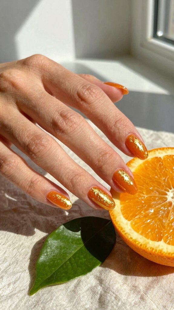 13 Orange Nail Designs That Feel Fresh Beyond Fall 9 glossy orange gold foil nails