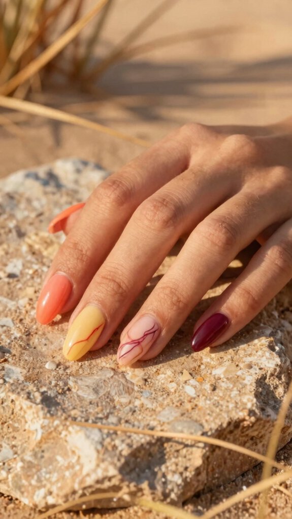 Summer Acrylic Nails That Transition Beautifully Into Fall 5 golden hour coral marble nails