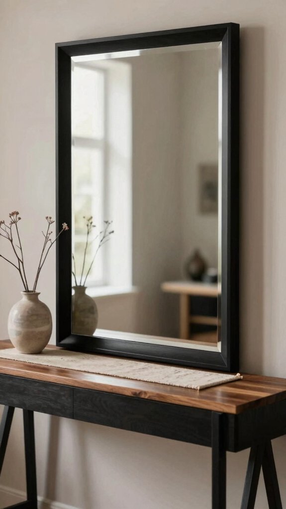 15 Modern Entryway Table Decor Ideas for a Clean and Elegant Look 1 high contrast entryway mirror