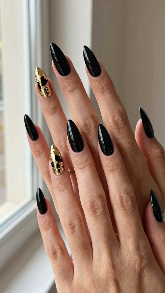 Black Stiletto Nails That Feel Bold Yet Sophisticated 7 irregular gold foil black nails