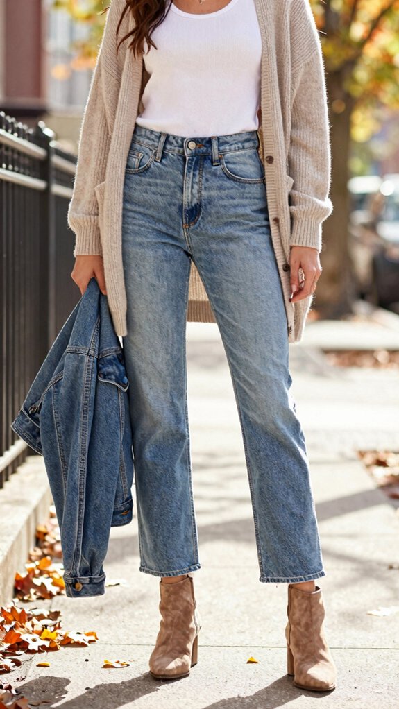 Jeans Outfits That Transition Beautifully From Summer Into Fall 7 layered dark wash denim styling