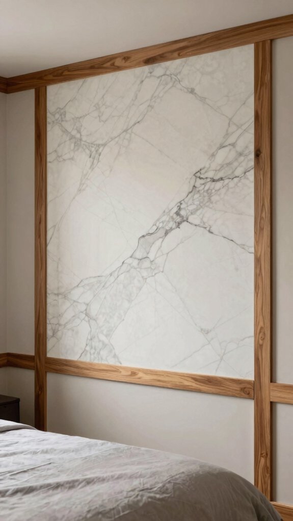 19 Accent Wall Bedroom Ideas Using Paint, Wood, and Wallpaper 9 marble vein peel and stick glam