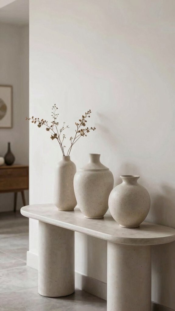 15 Modern Entryway Table Decor Ideas for a Clean and Elegant Look 3 matte neutral ceramic entryway vases