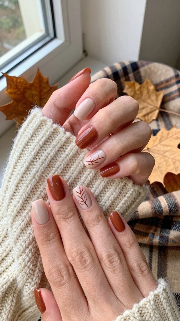 15 Short Nail Designs That Match Every Cozy Fall Outfit 9 minimal micro leaf accents