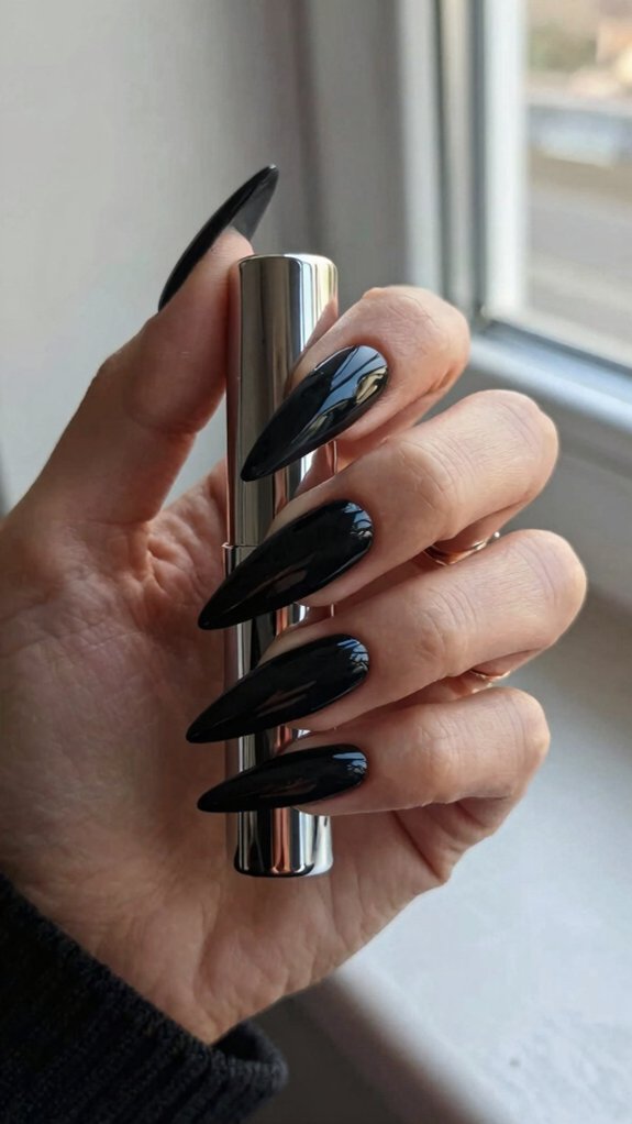 Black Stiletto Nails That Feel Bold Yet Sophisticated 3 mirror glaze chrome stiletto tips