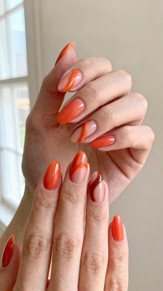 Orange Nail Designs That Add the Perfect Pop of Color 7 muted rust white swirl nails