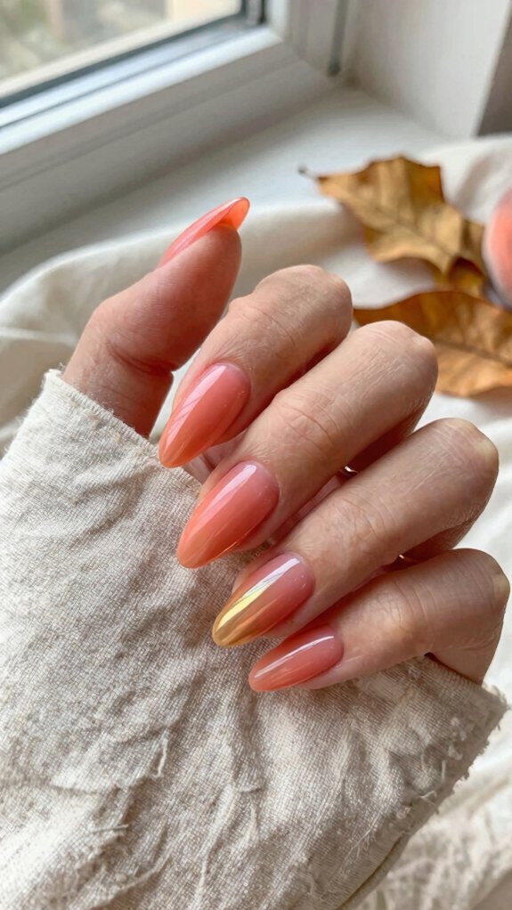 Summer Acrylic Nails That Transition Beautifully Into Fall 2 peach chrome halo glow