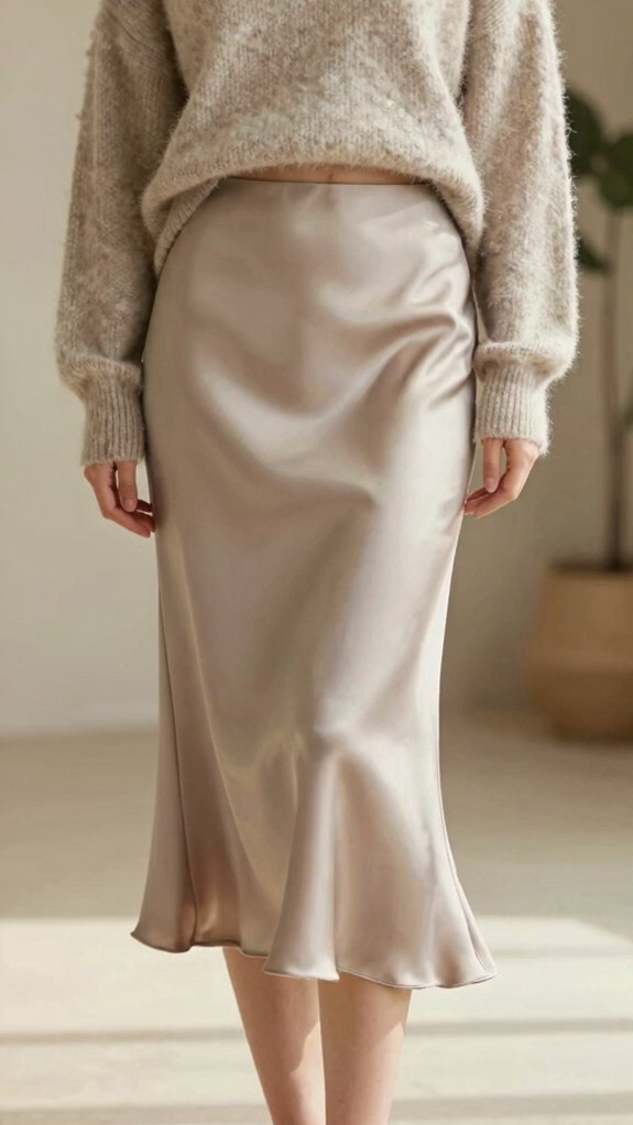 Effortlessly Chic Outfit Formulas You’ll Never Have to Overthink 6 satin skirt cozy sweater look