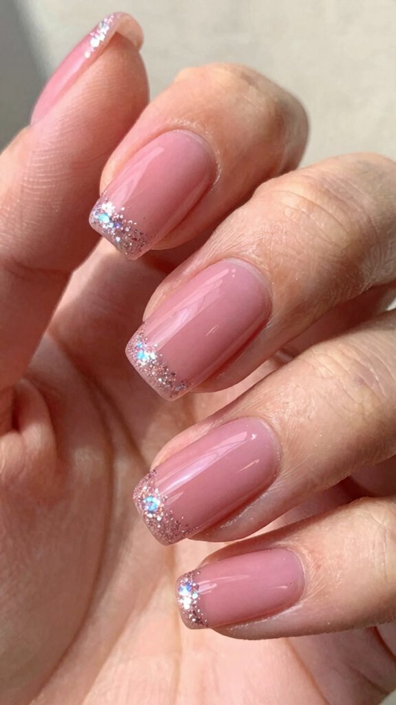 Pink Nail Designs That Never Go Out of Style 7 sheer pink glitter ring accent