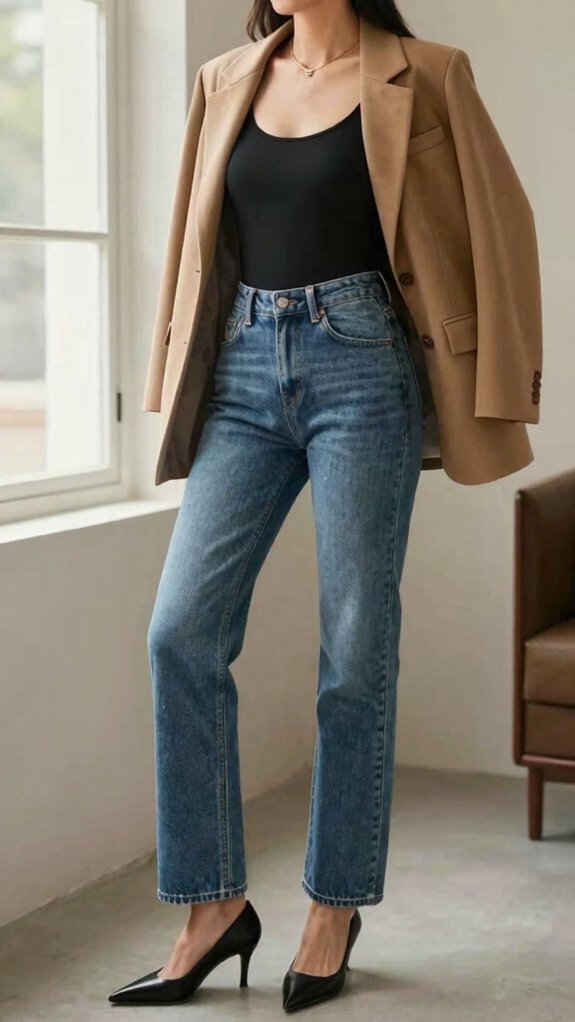 17 Outfit Ideas That Make Straight-Leg Jeans Look Expensive 4 sleek bodysuit clean waistline