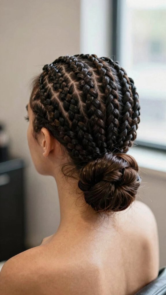 Braided Cornrow Hairstyles With Elegant Parting Designs 8 sleek low bun cornrows finish