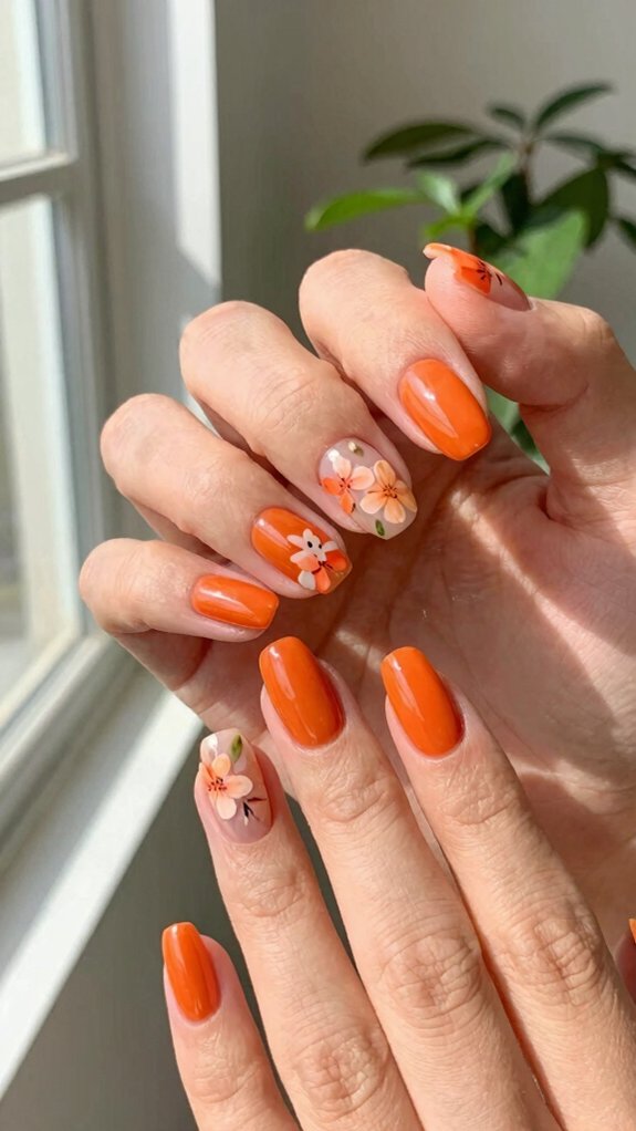 13 Orange Nail Designs That Feel Fresh Beyond Fall 7 soft floral orange daisy tips