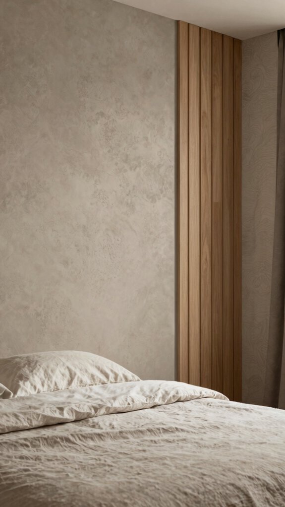 19 Accent Wall Bedroom Ideas Using Paint, Wood, and Wallpaper 13 soft plaster like microcement wall