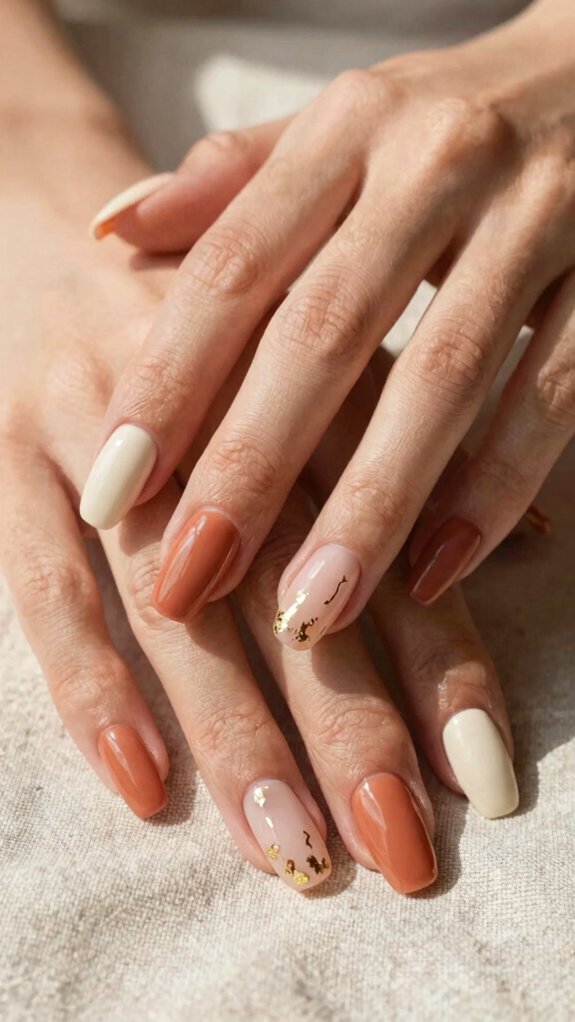 Summer Acrylic Nails That Transition Beautifully Into Fall 6 sunset gold leaf glaze