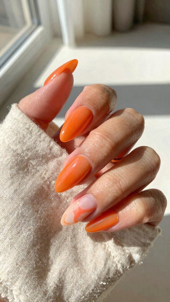 13 Orange Nail Designs That Feel Fresh Beyond Fall 11 tapered almond orange sunshine nails