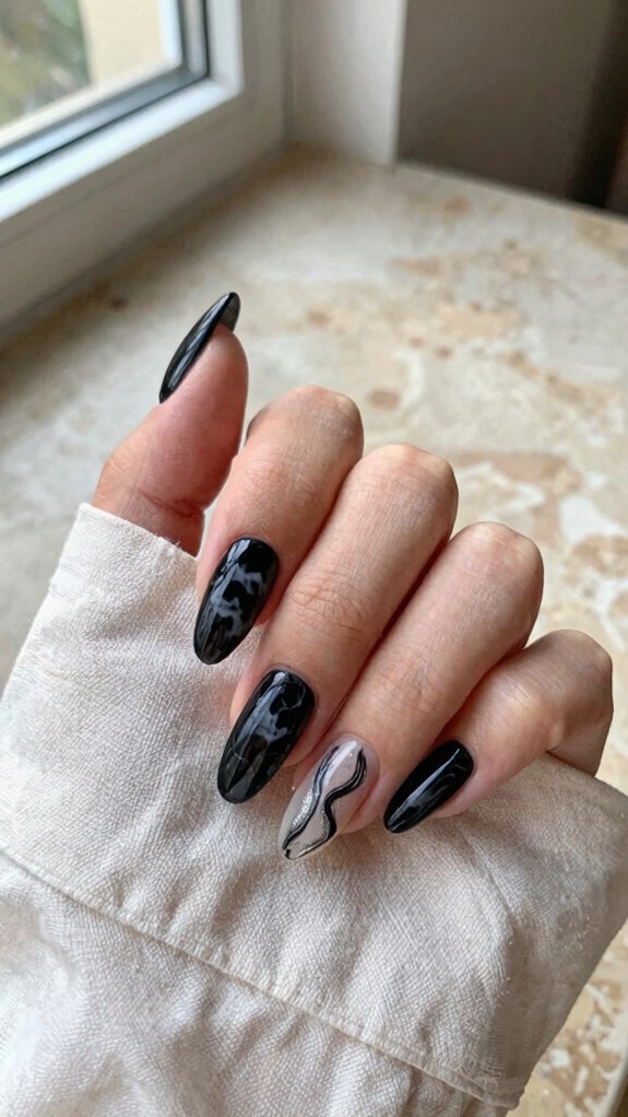 Black Stiletto Nails That Make a Statement Without Feeling Too Bold 6 thin line centered black marble