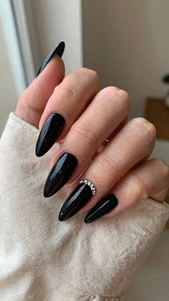 Black Stiletto Nails That Make a Statement Without Feeling Too Bold 7 tiny cuticle rhinestone accent glam