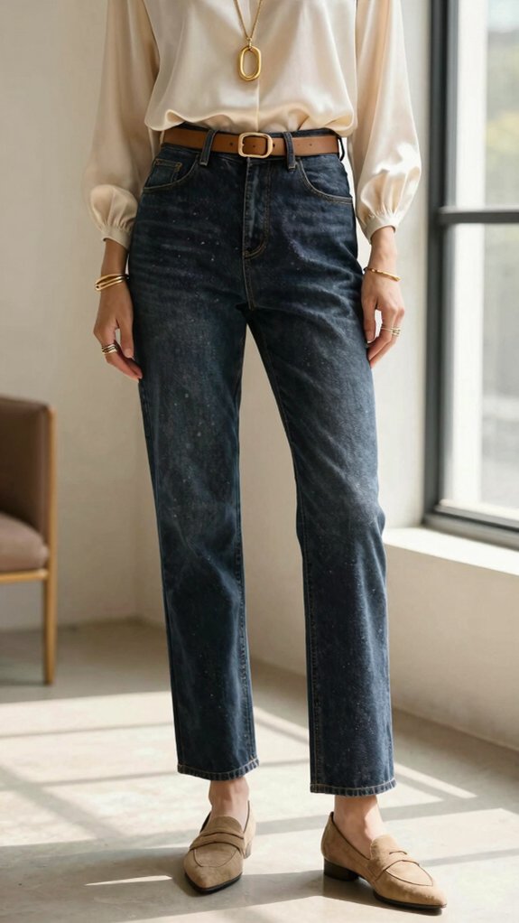 17 Outfit Ideas That Make Straight-Leg Jeans Look Expensive 16 warm minimal gold denim polish