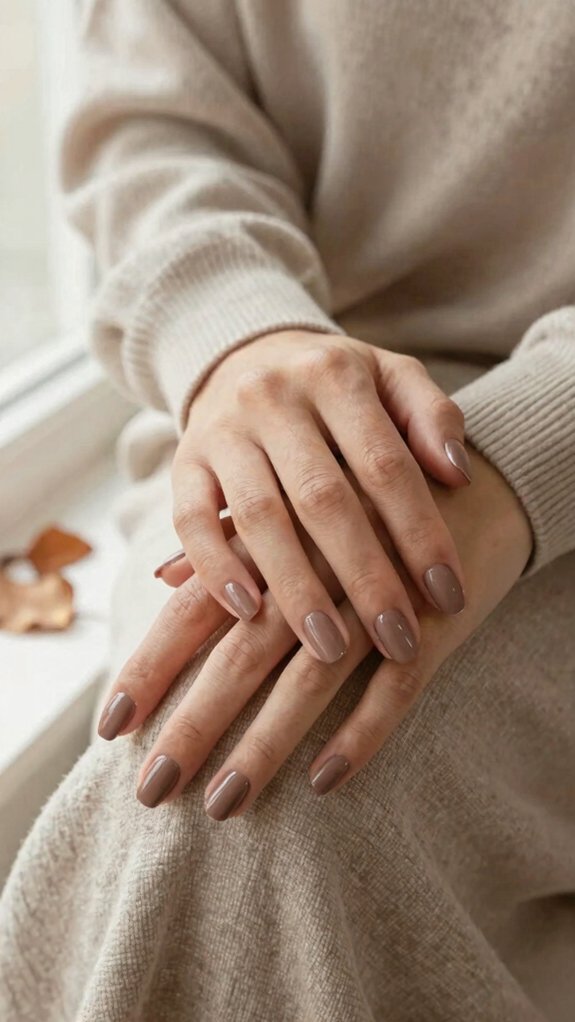 Neutral Nail Colors That Feel Perfect for Early Fall 5 warm sleek glossy taupe nails