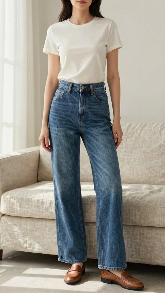 15 Jeans Outfits That Always Look Put Together 2 wide leg denim fitted tee
